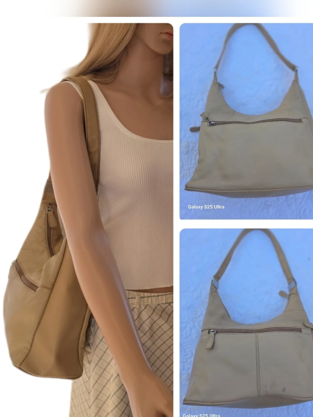 Aurielle Vintage 90s Beige Slouchy Leather Hobo Bag